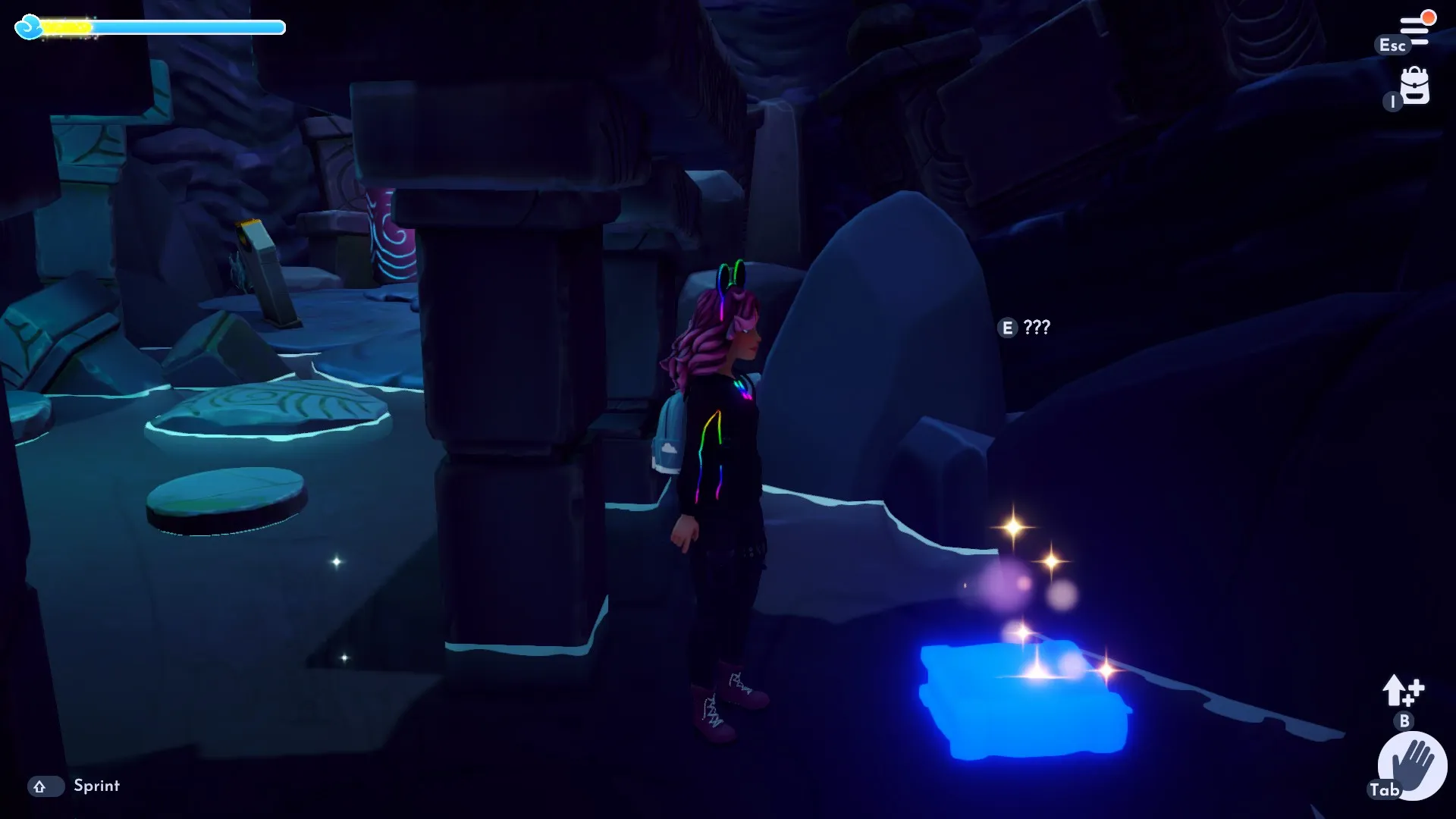 The player looking at the Blue Book behind a pillar.