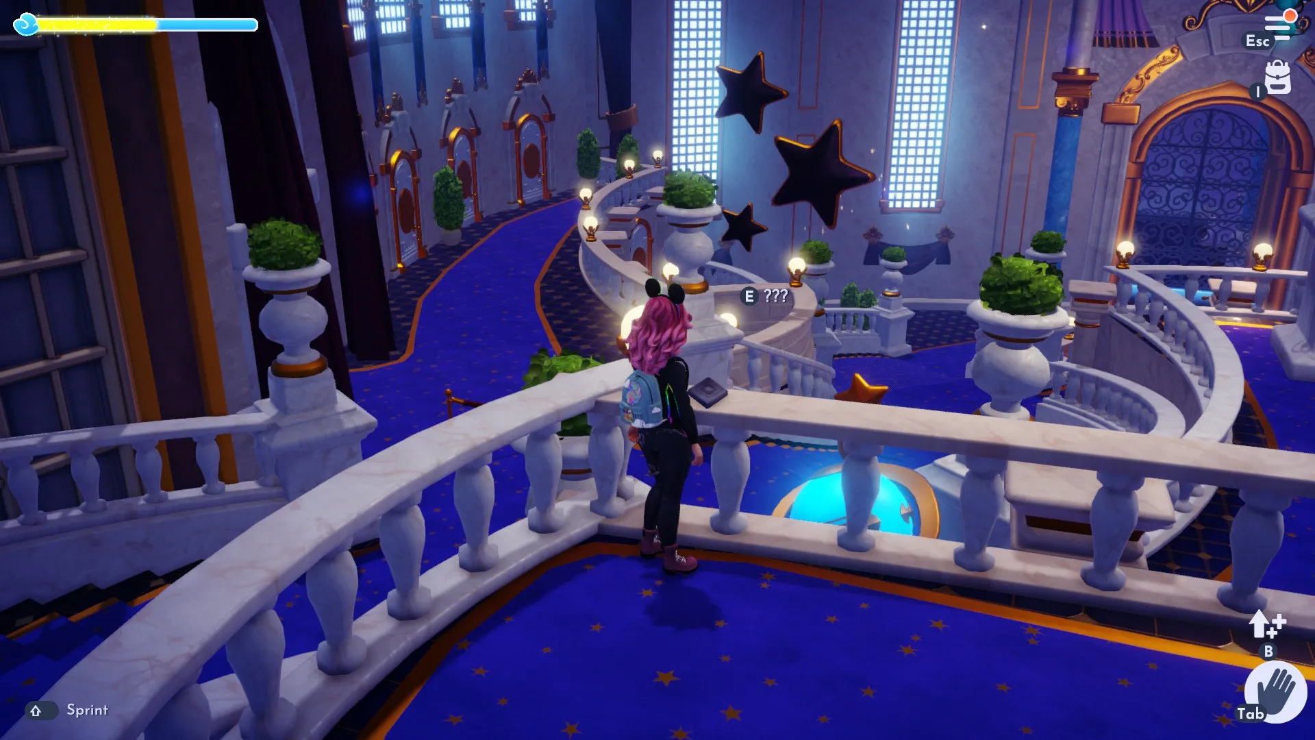 The player looking at a diamond symbol on the top floor of the castle.