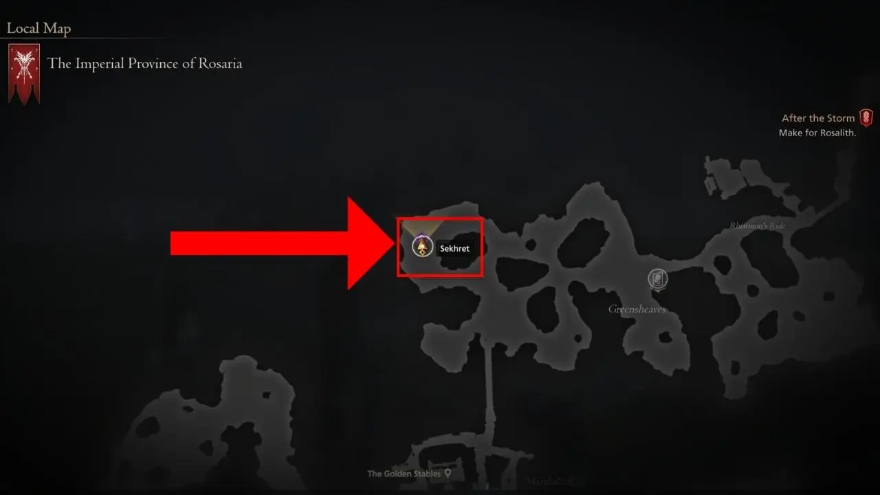 Red arrow and box outlining the location of Sekhret