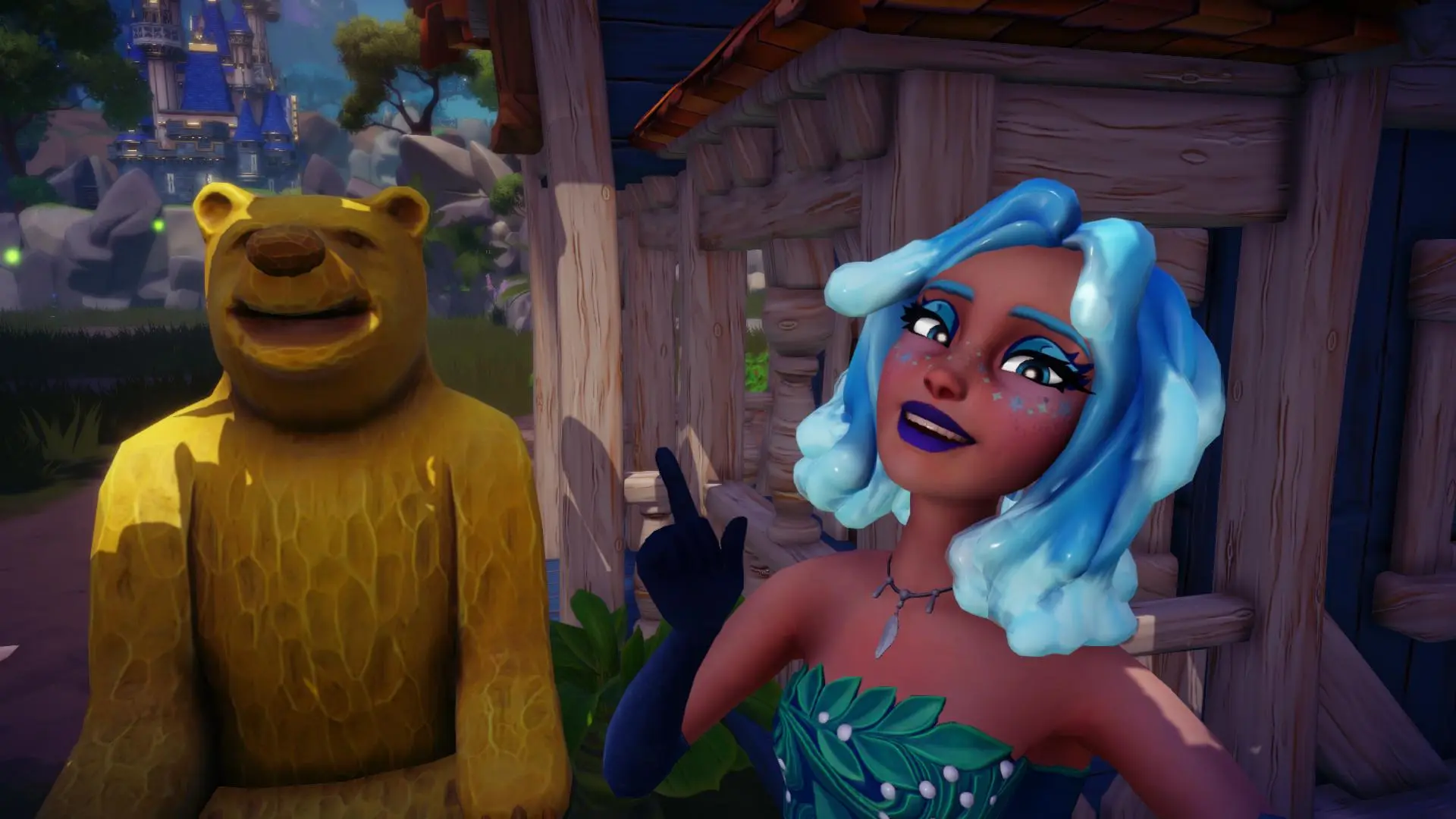 The player taking a selfie with a yellow bear chair that is actually Goofy's yellow bike.