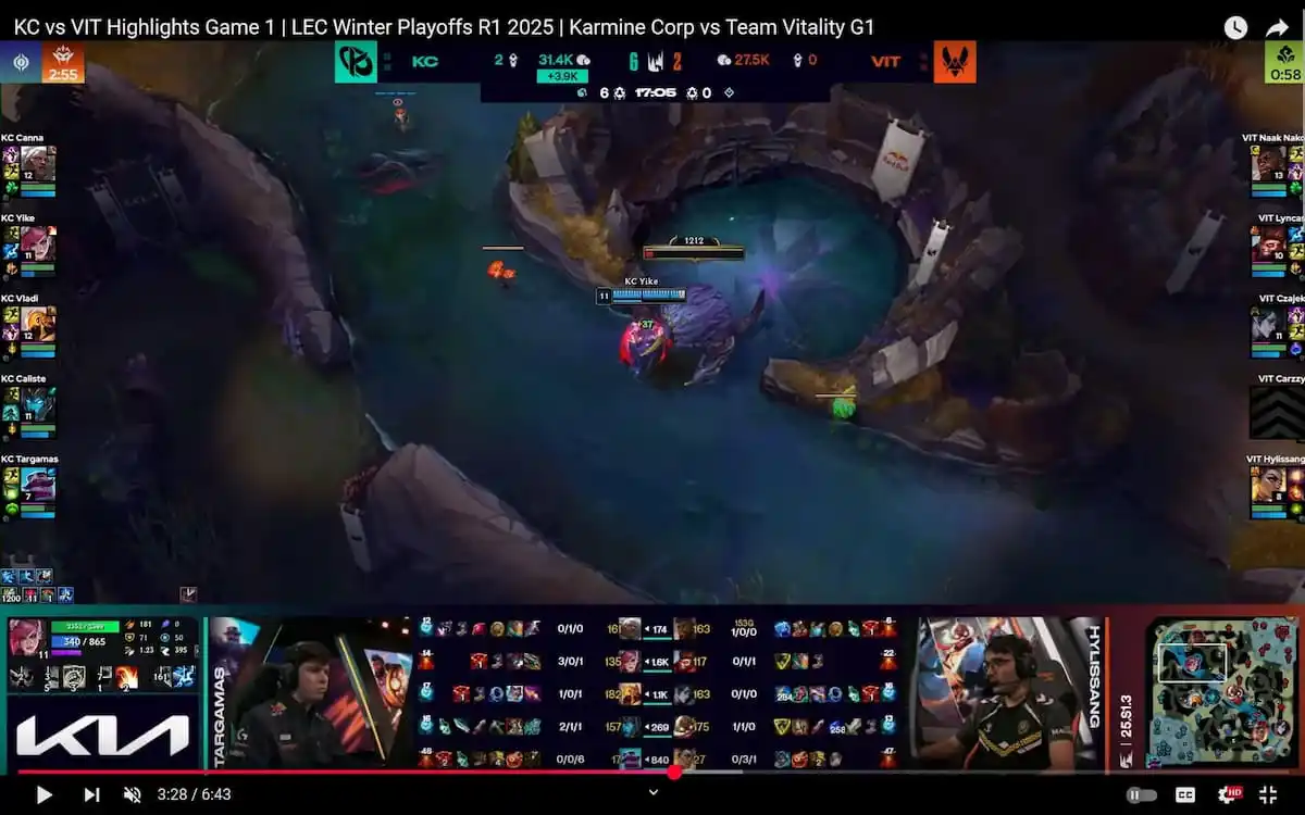 Picture showing the match between KC and VIT in LEC Winter split 2025 where K'Sante has a bounty on his head.
