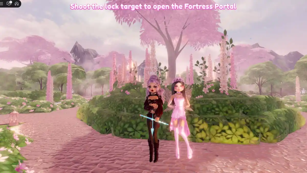 Two girls standing in a garden in Dress to Impress.