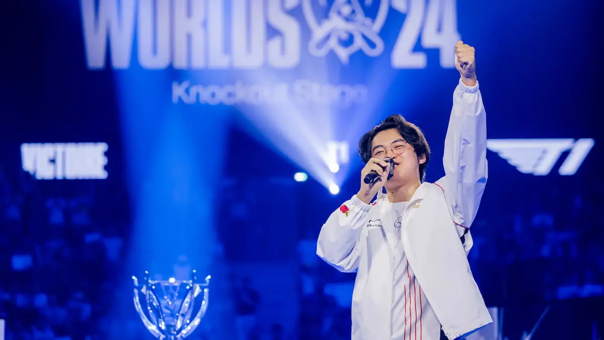 Gumayusi of T1 is seen onstage after advancing to the Grand Finals at the League of Legends World Championship 2024 Semi Finals on October 27, 2024 in Paris.