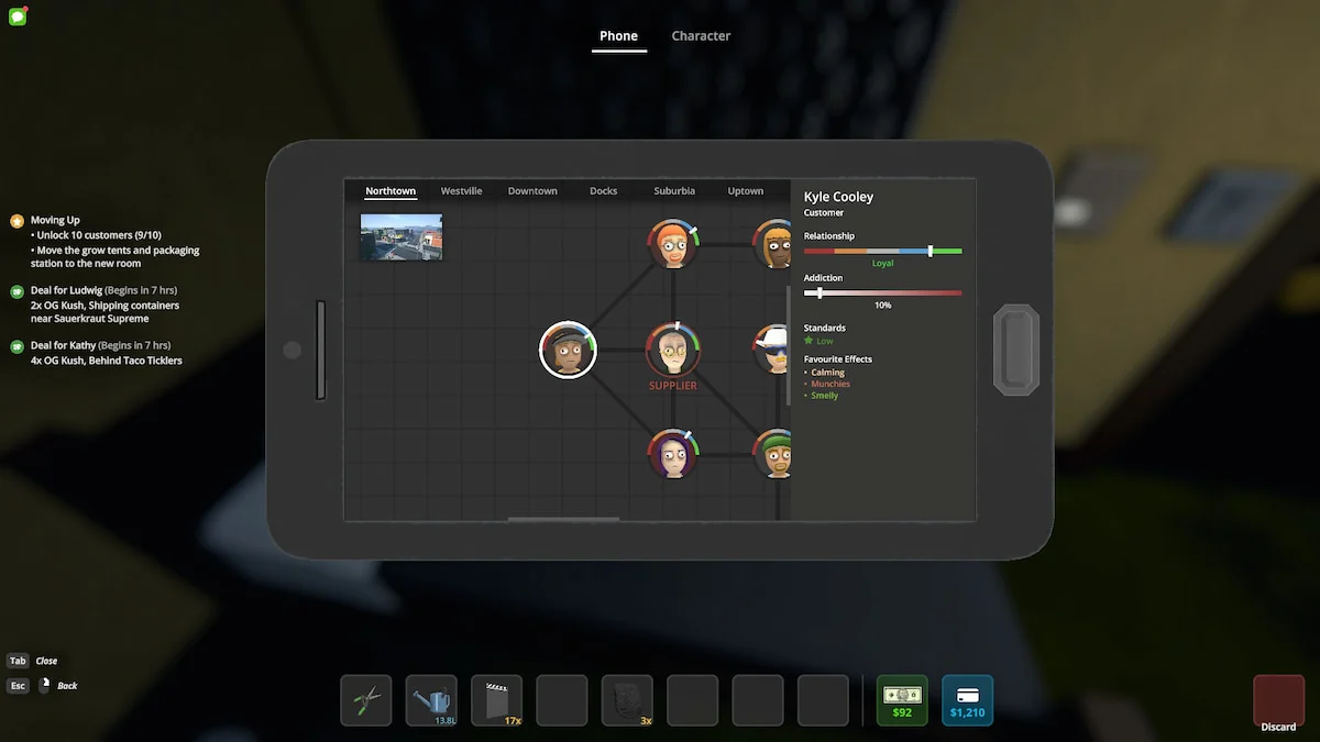 Schedule 1 customer relationship status in the in-game phone menu