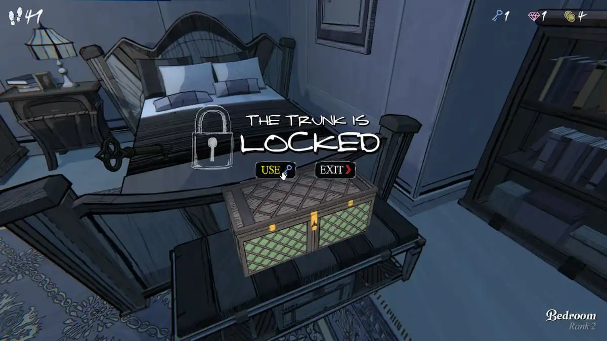 Picture showing a trunk which is locked and requires a key to open in a bedroom in Blue Prince.